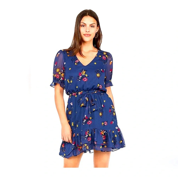 Express Floral Navy Blue Ruffle Dress Size XS EUC Tie Front - Picture 1 of 6